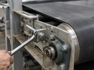 Loosening take-up locking nuts to adjust conveyor belt tension